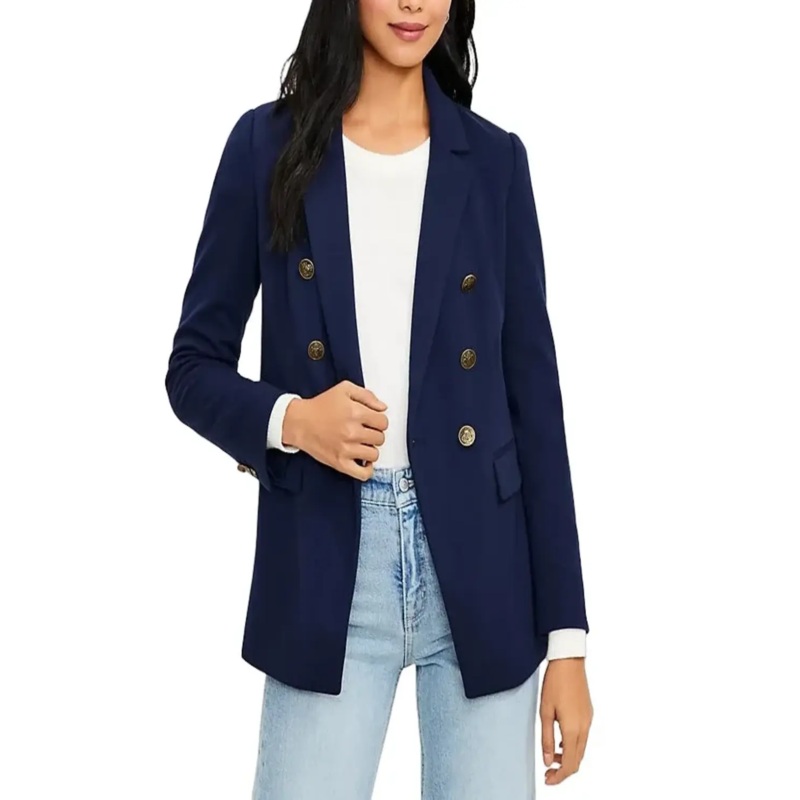 Women Preppy Navy Petite Knit Double Breasted Blazer