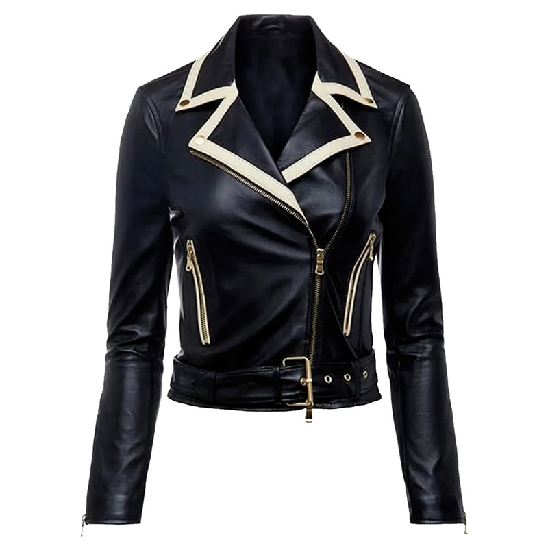 Elite Riverdale Vanessa Morgan Biker Contrast Trim Leather Jacket