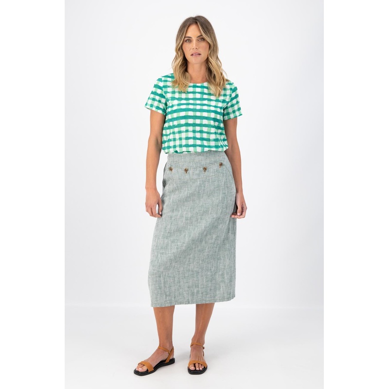 Hepburn Panorama Skirt Green in Herringbone Linen