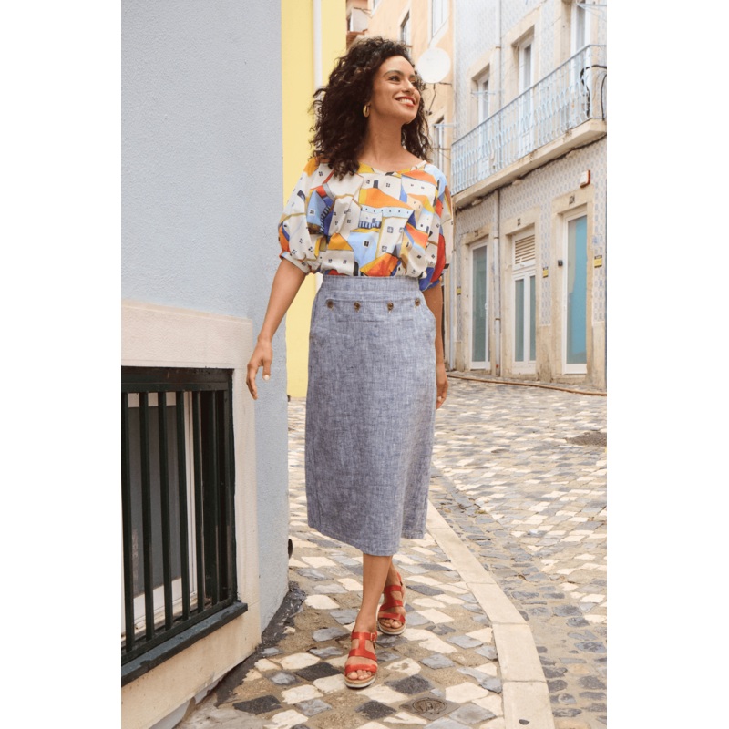 Hepburn Panorama Skirt Navy in Herringbone Linen