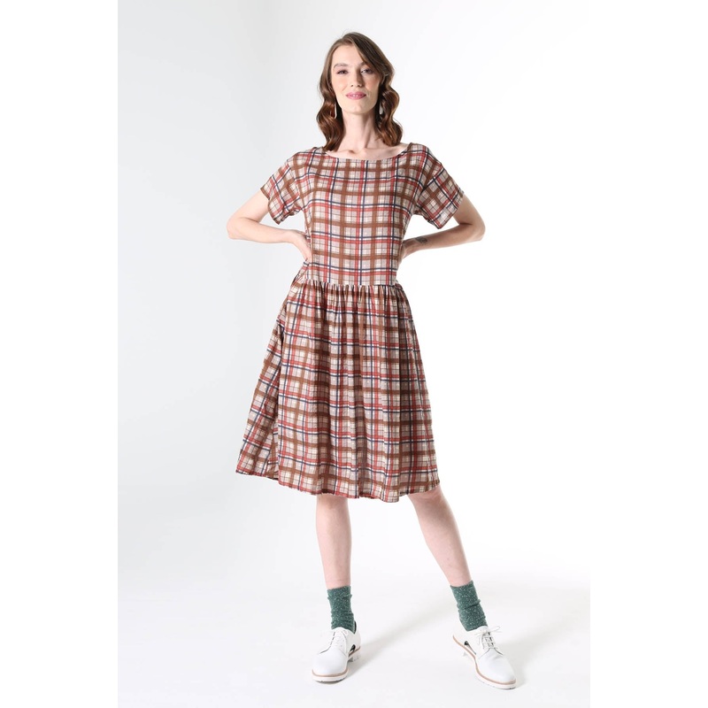 Crossways Drop Waist Dress Mocha in Seersucker