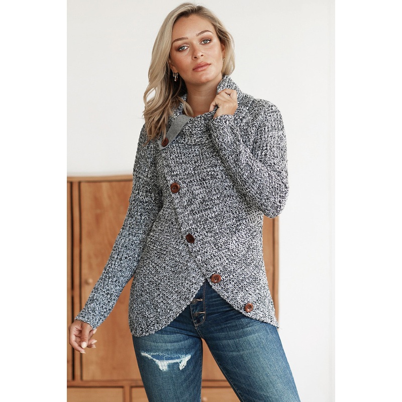 Heather Gray Buttoned Wrap Turtleneck Sweater