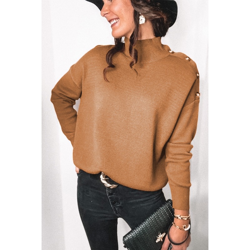 High Neck Button Shoulder Long Sleeve Sweater