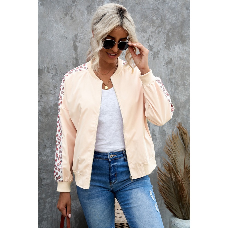Leopard Color Block Zipped Long Sleeve Jacket