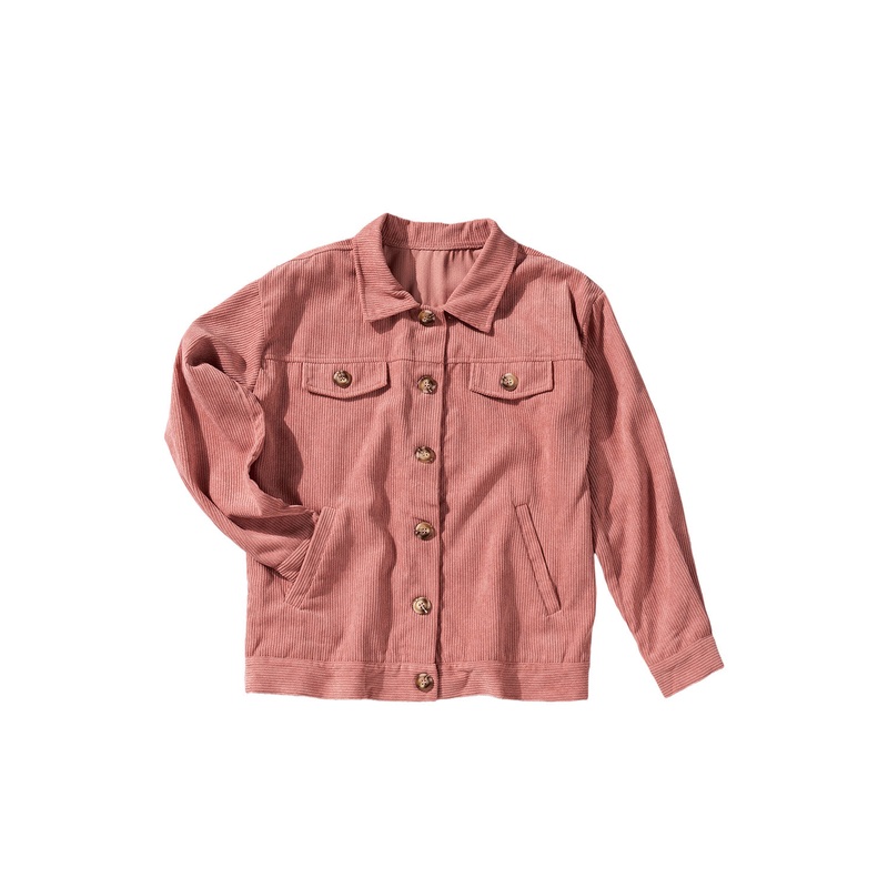 Pink Ribbed Corduroy Long Sleeve Jacket with Pocket