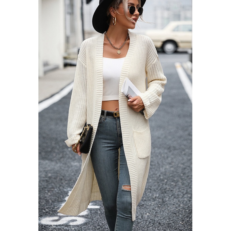 Dropped Shoulder Long Sleeve Cardigan with Pocket