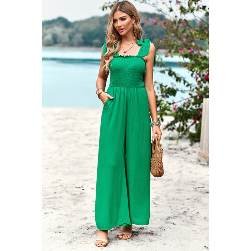 Frill Trim Tie Shoulder Wide Leg Jumpsuit with Pockets
