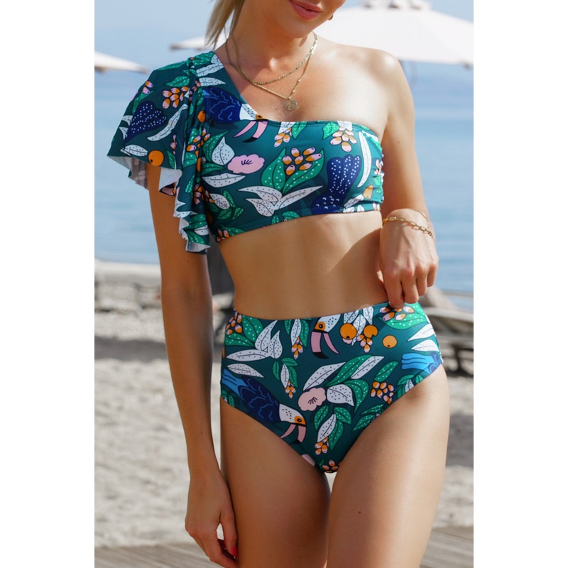 Green Floral Print Ruffled Single Shoulder High Waisted Swimsuit