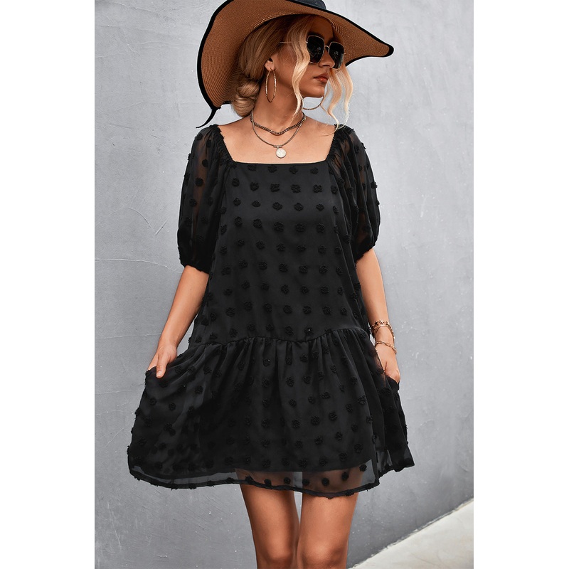 Swiss Dot Square Neck Half Balloon Sleeve Dress