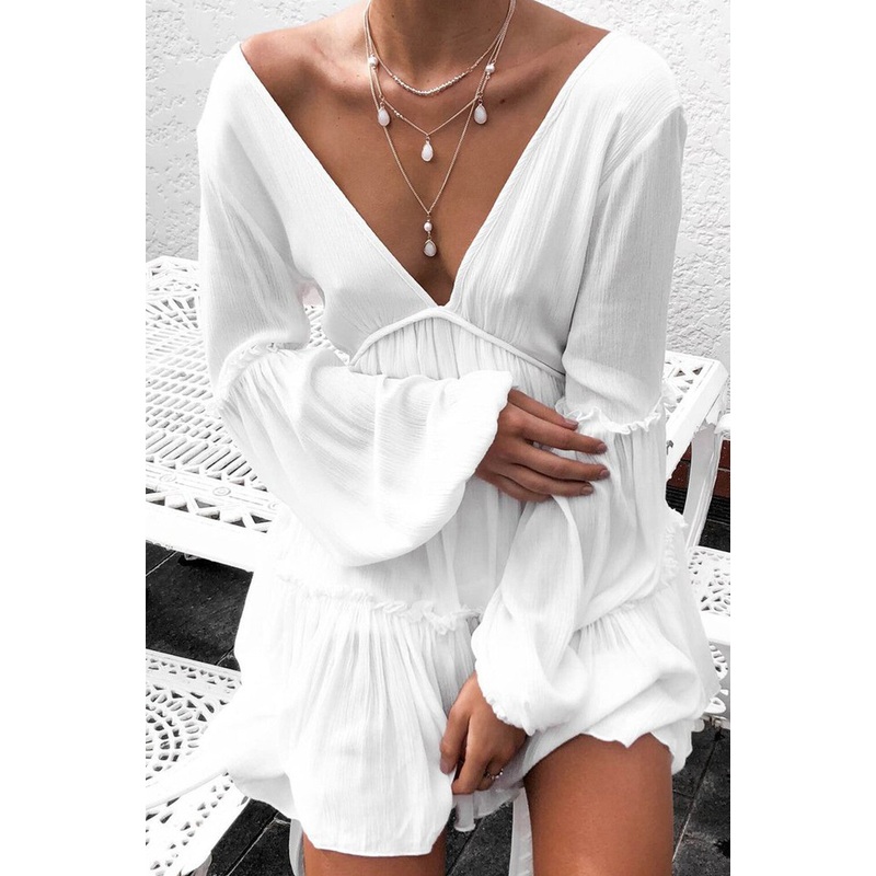 V-Neck Balloon Long Sleeve Tiered Babydoll Mini Dress