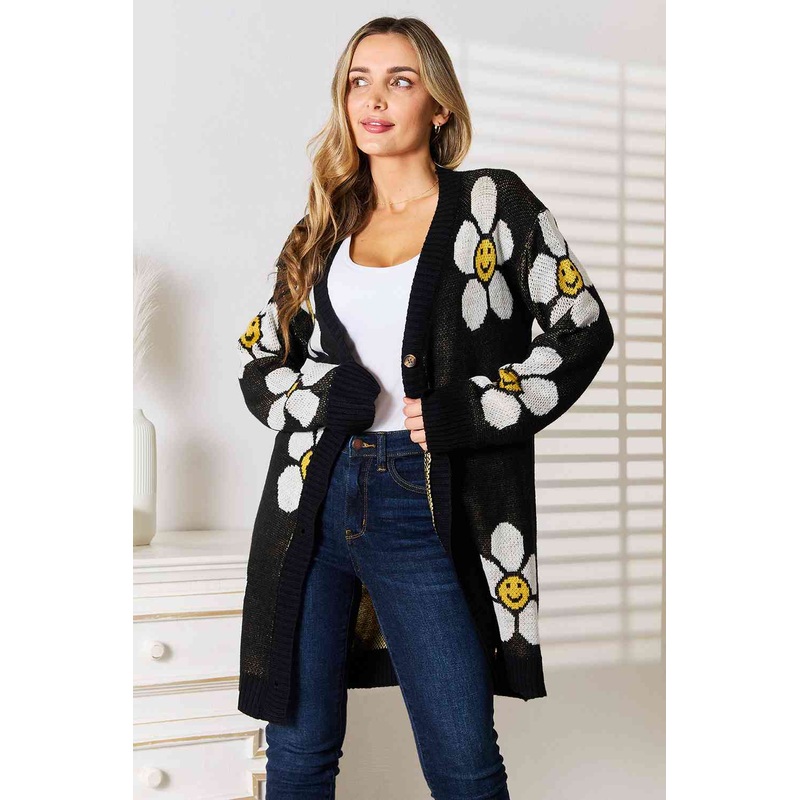 Double Take Floral Button Down Longline Cardigan
