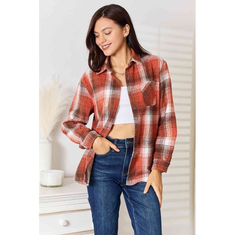 Double Take Plaid Collared Neck Long Sleeve Shirt JUI87419692256