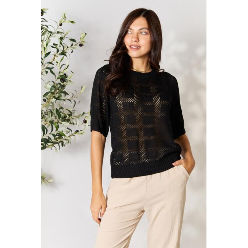 Double Take Ribbed Trim Round Neck Knit Top