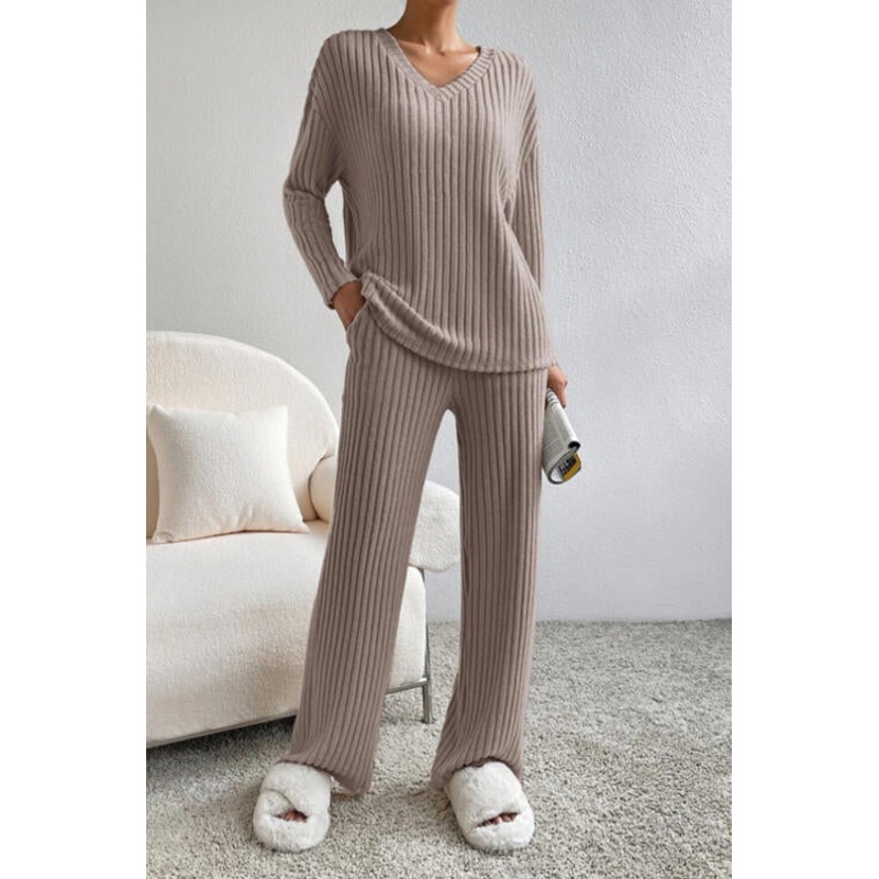 Ribbed V-Neck Top and Pants Set