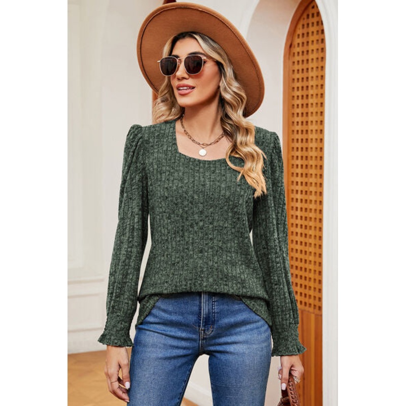Square Neck Flounce Sleeve T-Shirt