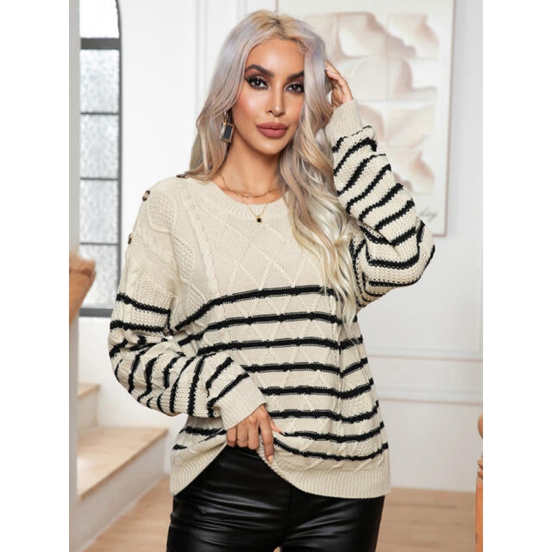 Striped Round Neck Cable-Knit Sweater