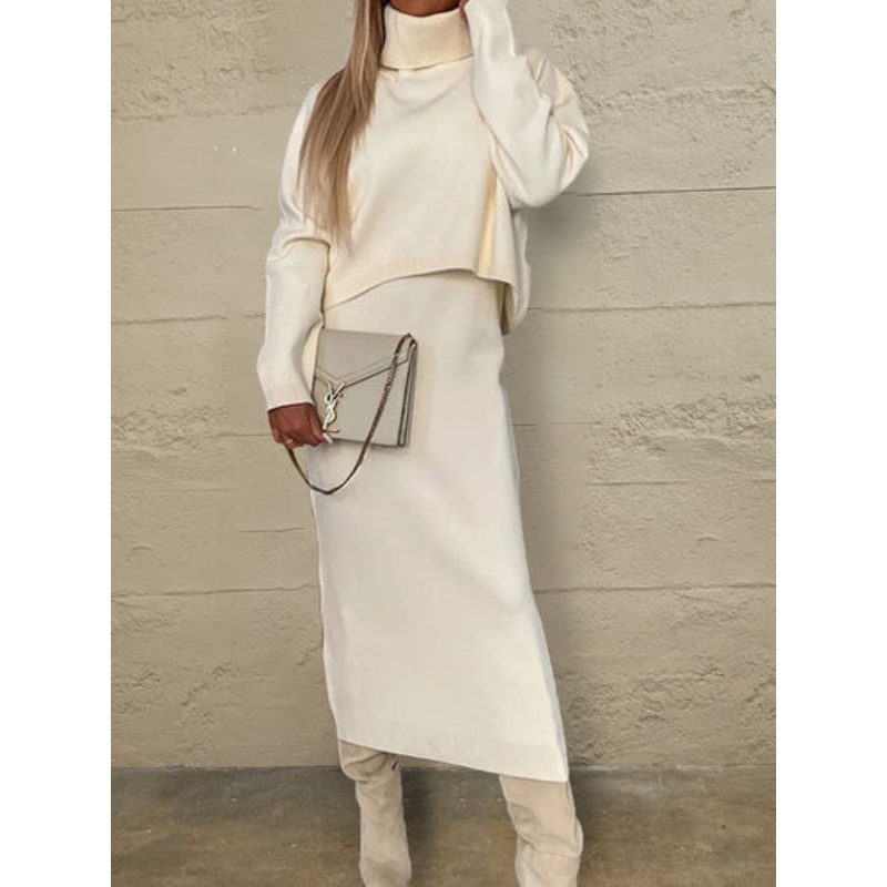 Turtleneck Dropped Shoulder Sweater and Midi Dress Sweater Set