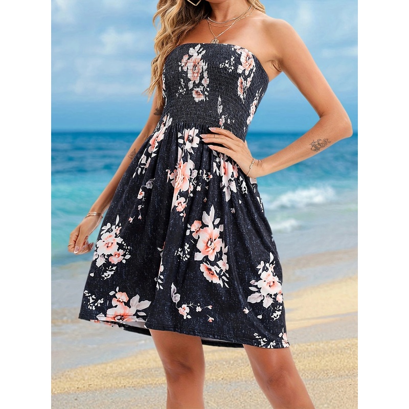 Full Size Smocked Printed Tube Mini Dress