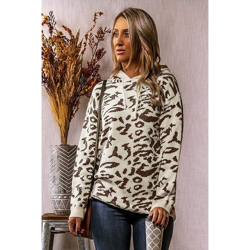 Leopard Print Hooded Sweater Drawstring Hoodie Long Sleeve Pullover Sweatshirt