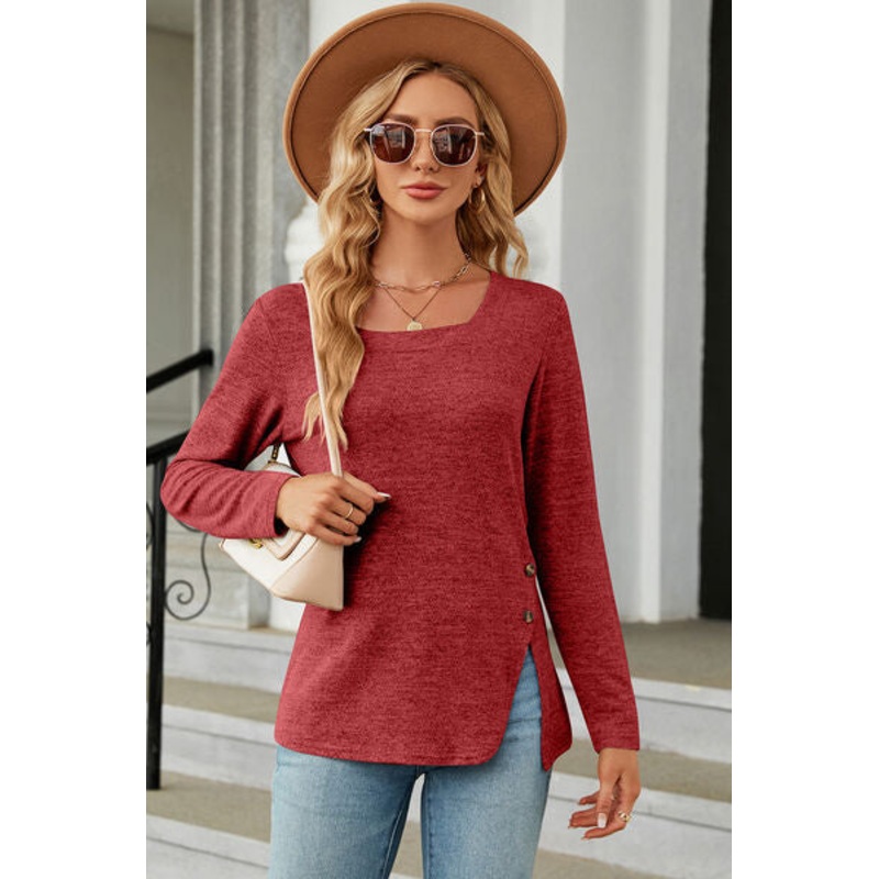Slit Decorative Button Square Neck T-Shirt