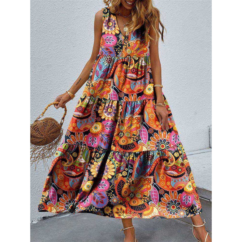 Tiered Printed V-Neck Sleeveless Dress
