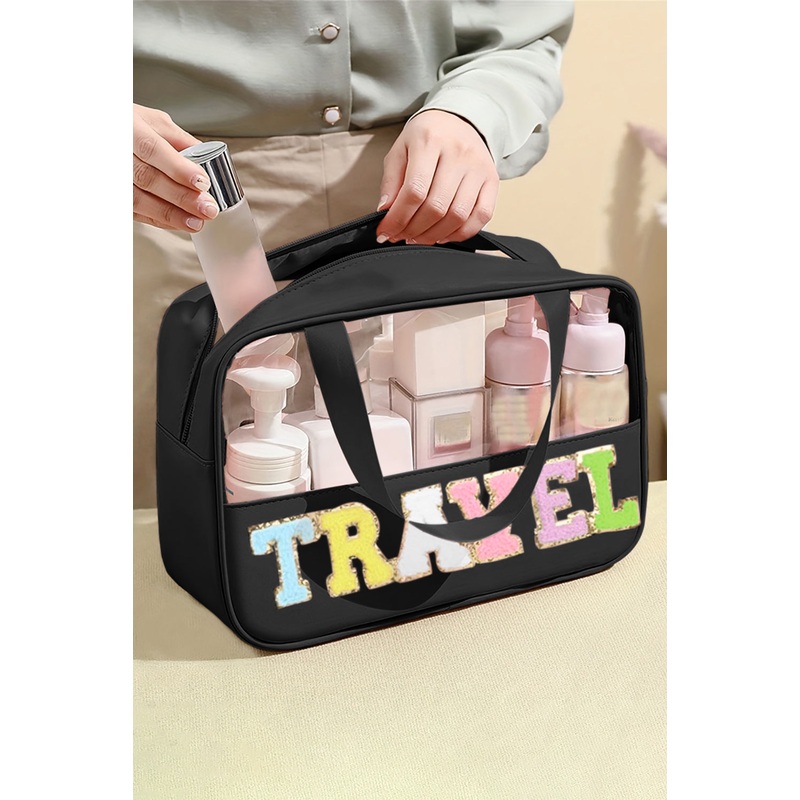 Black TRAVEL Chenille Letter Clear PVC Makeup Bag