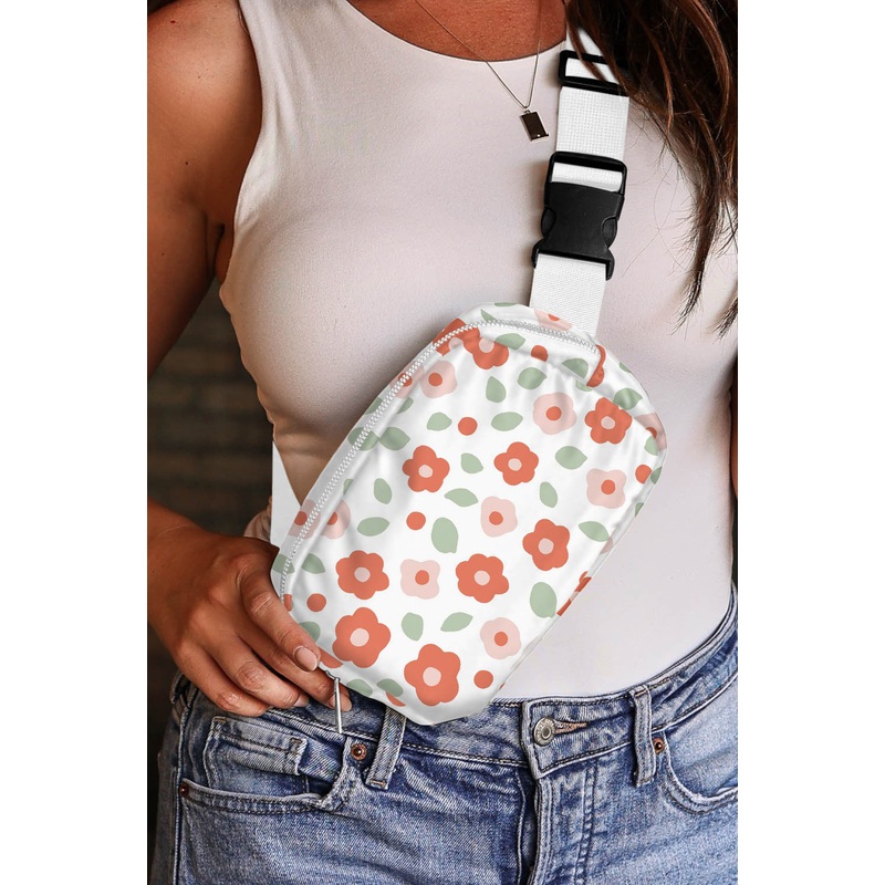 White 60s Vintage Flower Print Zip Up Crossbody Bag