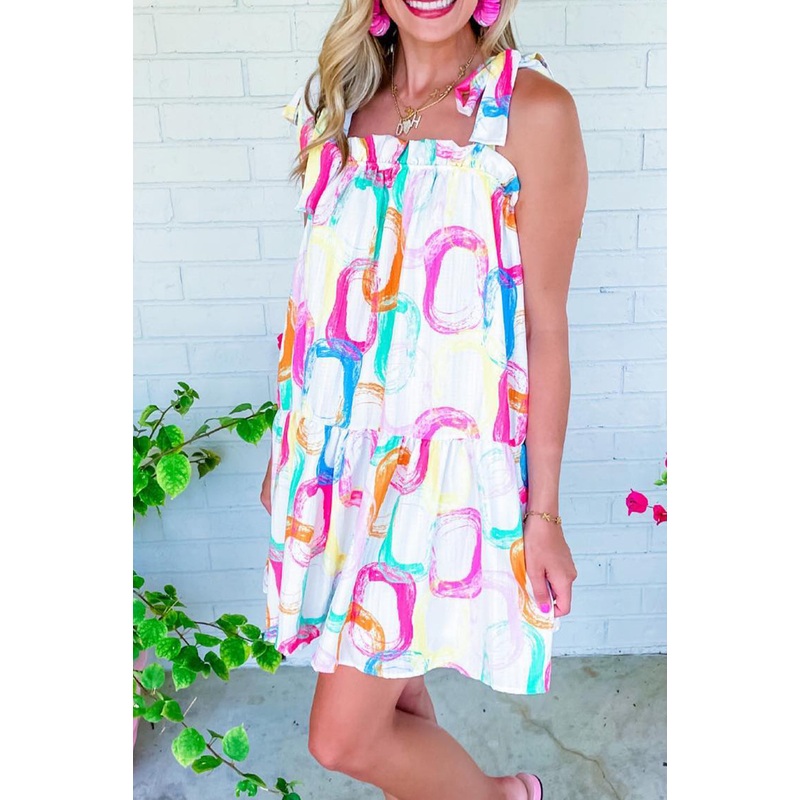 White Abstract Print Knot Straps Frill Mini Dress