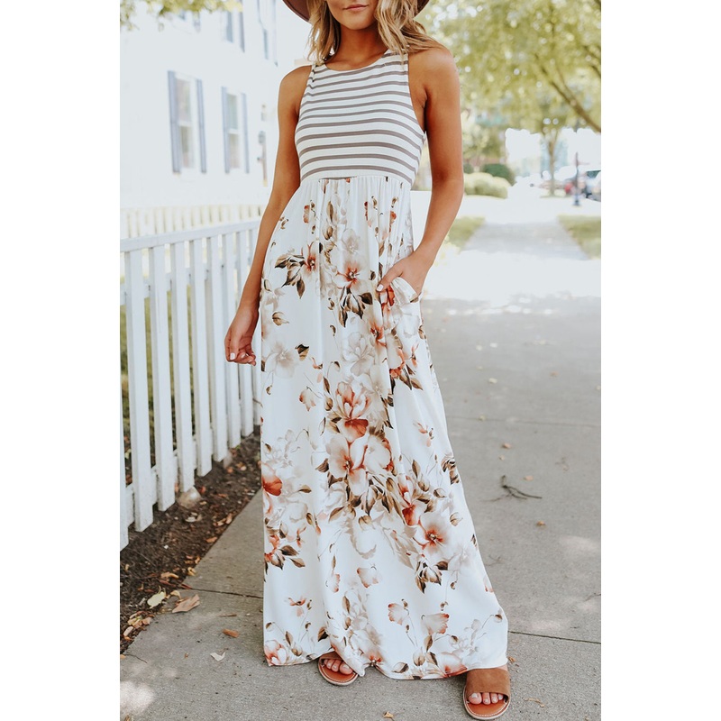 White Boho Stripes & Floral Print Floor Length Tank Dress
