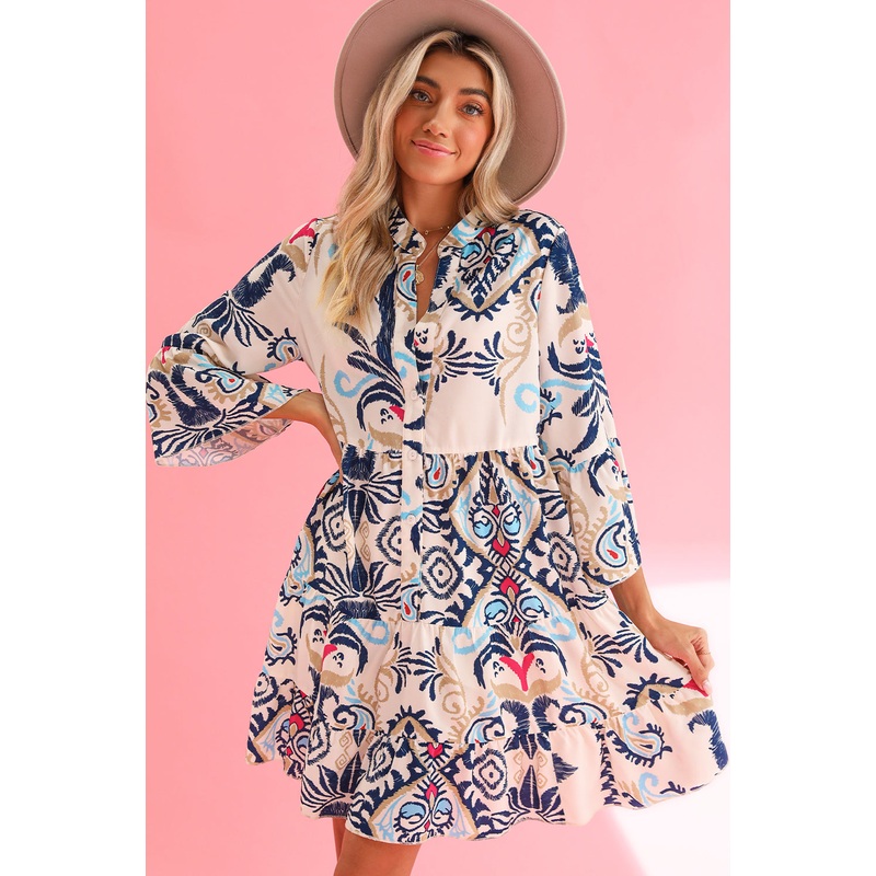 White Ethnic Print Boho Button Tiered Mini Dress