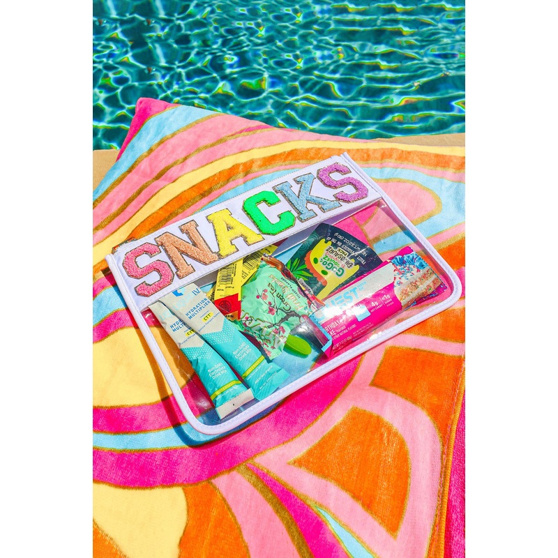 White SNACKS Chenille Letters Zipped Clear Pouch