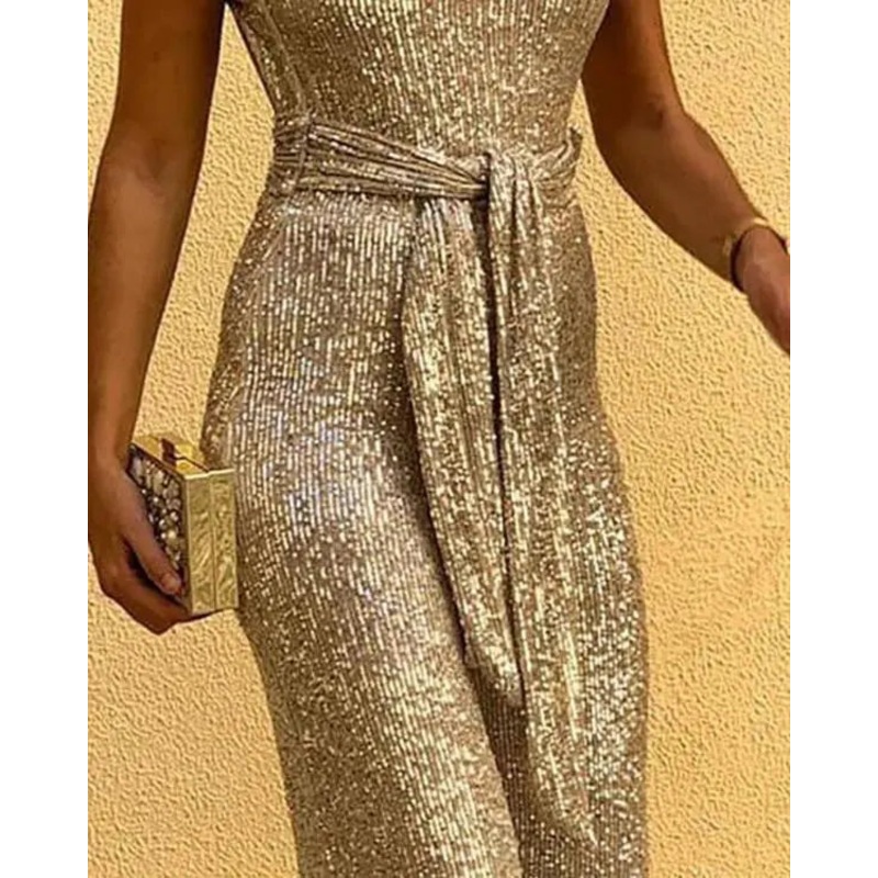 Glitter Round Neck Sleeveless Backless Sequins Jumpsuit