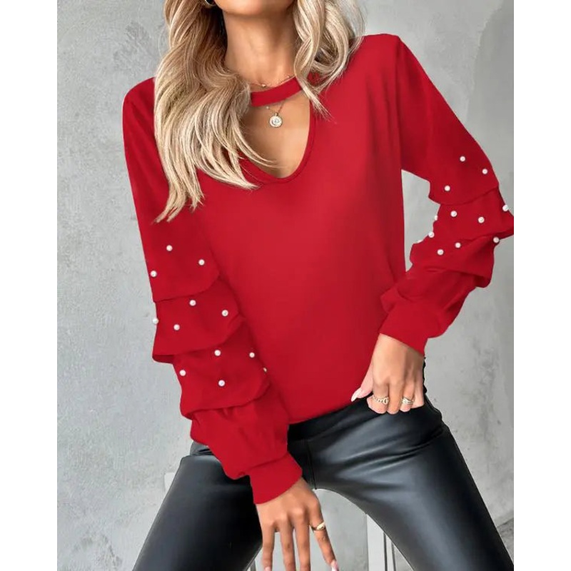 Keyhole Neck Long Sleeve Pullover Top Beaded Hollow Out Blouse Top