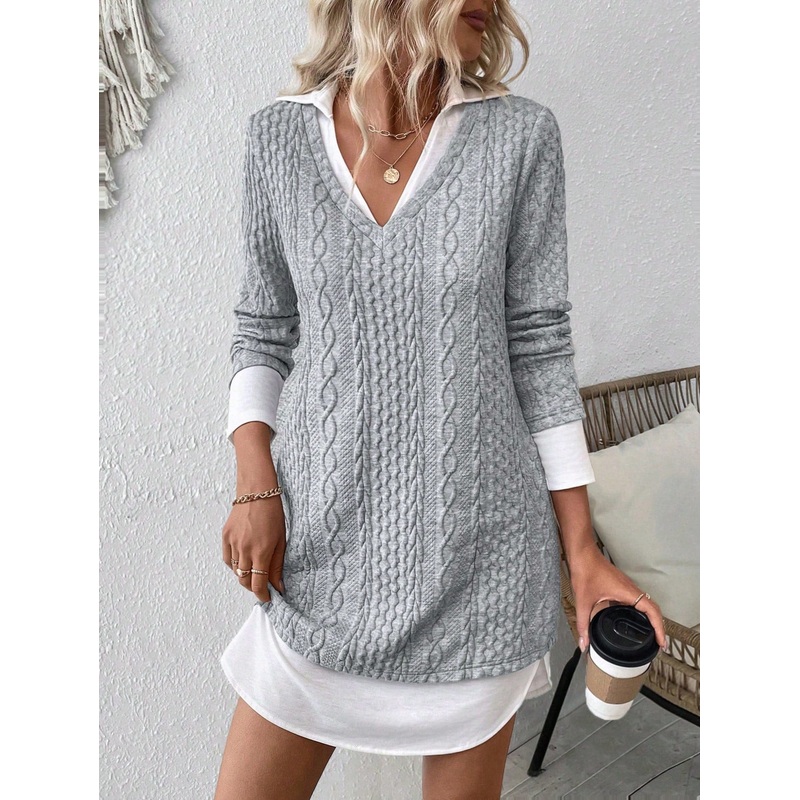 LUNE Women’s Autumn/Winter Casual Dress, Contrast Collar, Cuffs & Hem Patchwork Design, Knitted Fabric With Blue & White Striped Print