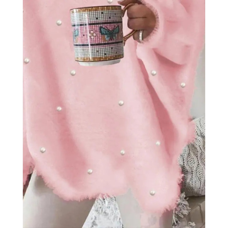 V-Neck Long Sleeve Beaded Decor Oversized Sweater Fluffy Pullover Top