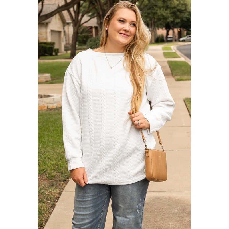 White Cable Textured Loose Plus Size Sweatshirt