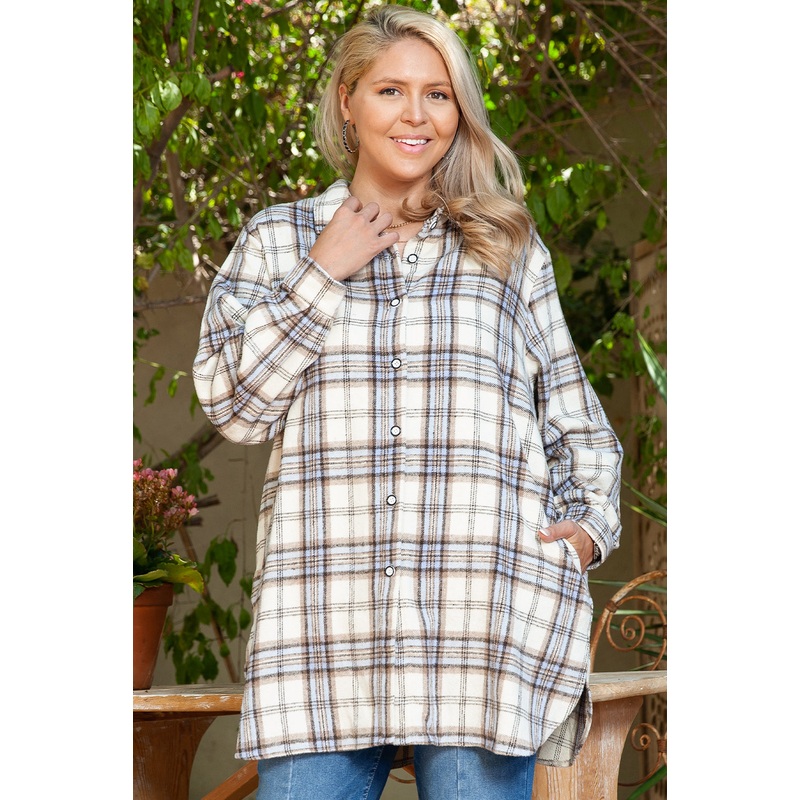 White Plaid Print Tunic Plus Size Shacket with Slits