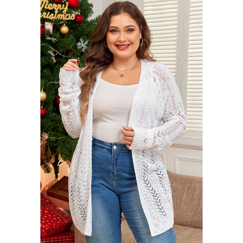 White Plus Size Eyelet Knit Open Front Cardigan