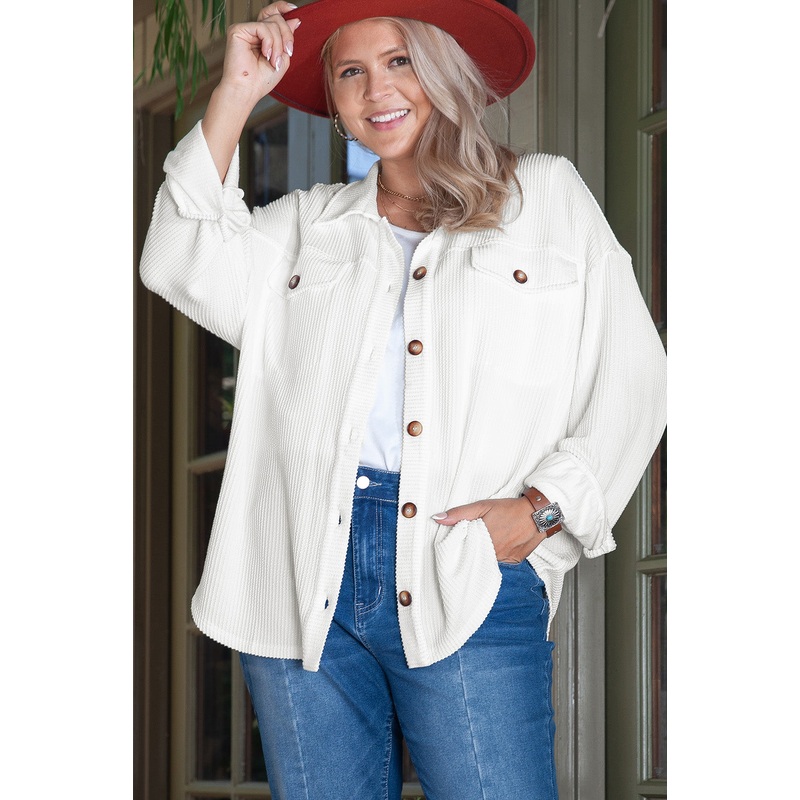 White Solid Corded Drop Shoulder Plus Size Shacket