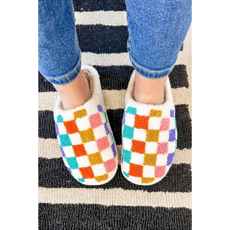 White Vibrant Checkered Plush Thermal Slippers